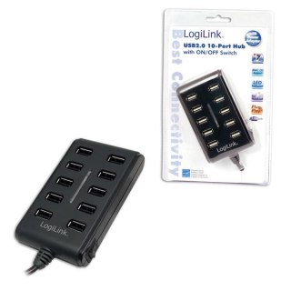 Hub USB LogiLink UA0125 10xUSB 2.0, wyłącznik ON/OFF czarny