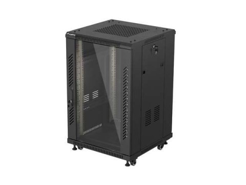Szafa instalacyjna Rack Lanberg stojąca 19" 18U 600x600 czarna drzwi przeszklone LCD (flat pack)
